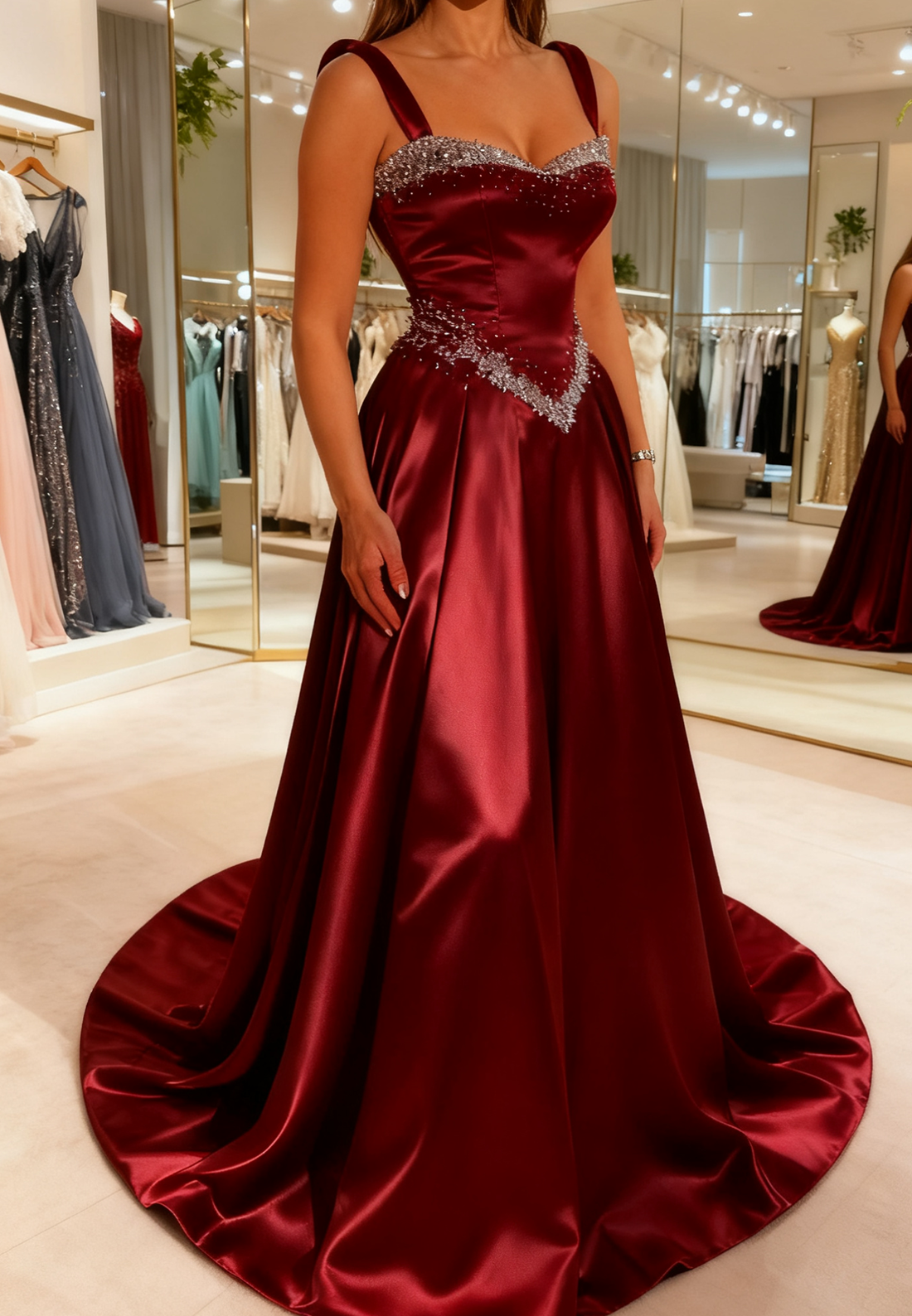 Sweetheart Straps Satin Beaded A-Line Prom Dress