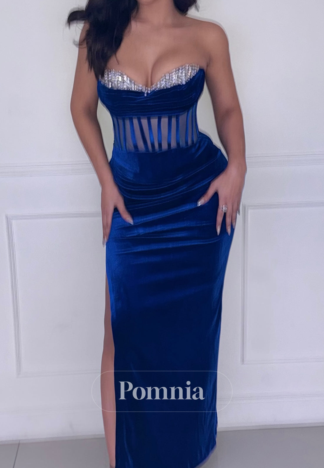 Velvet Sleeveless Strapless Corset Tulle Ruched Prom Dress