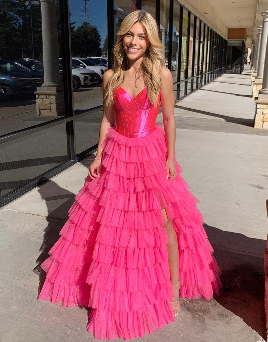 A-Line Sweetheart Tulle Prom Dress Long Ruffle Strapless Evening Gowns