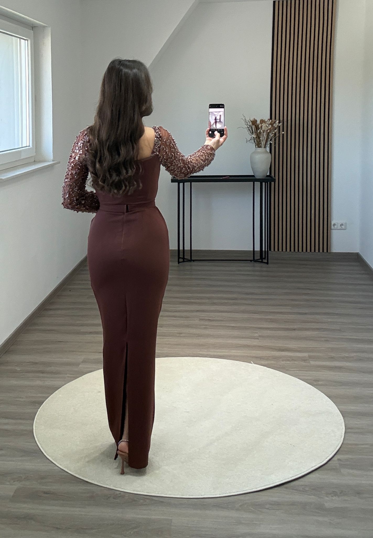 Dusty Sage Long Sleeves Scoop Slit Appliques Evening Dress