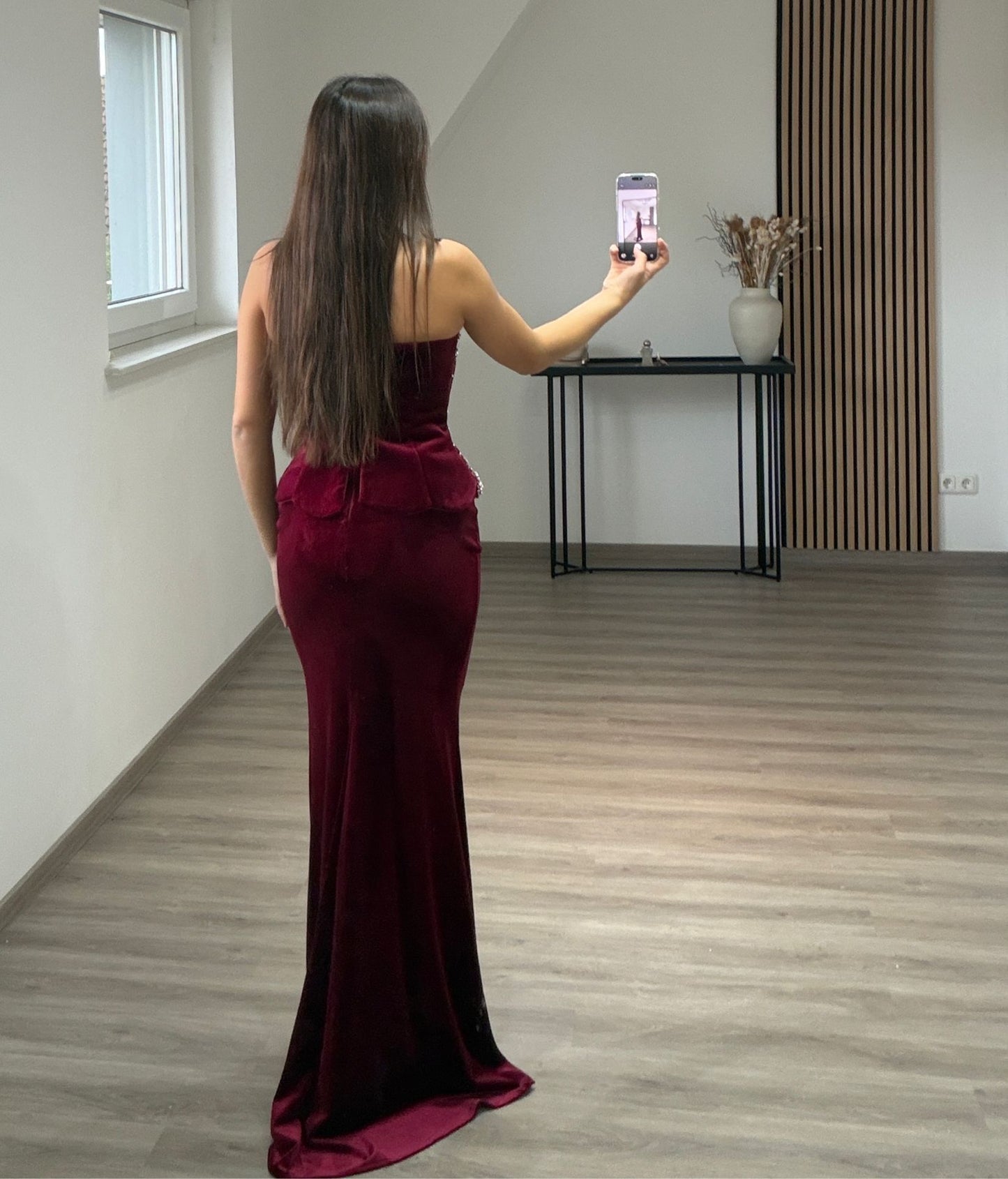 Round Neck Velvet A Line Long Formal Dress with Sleeves