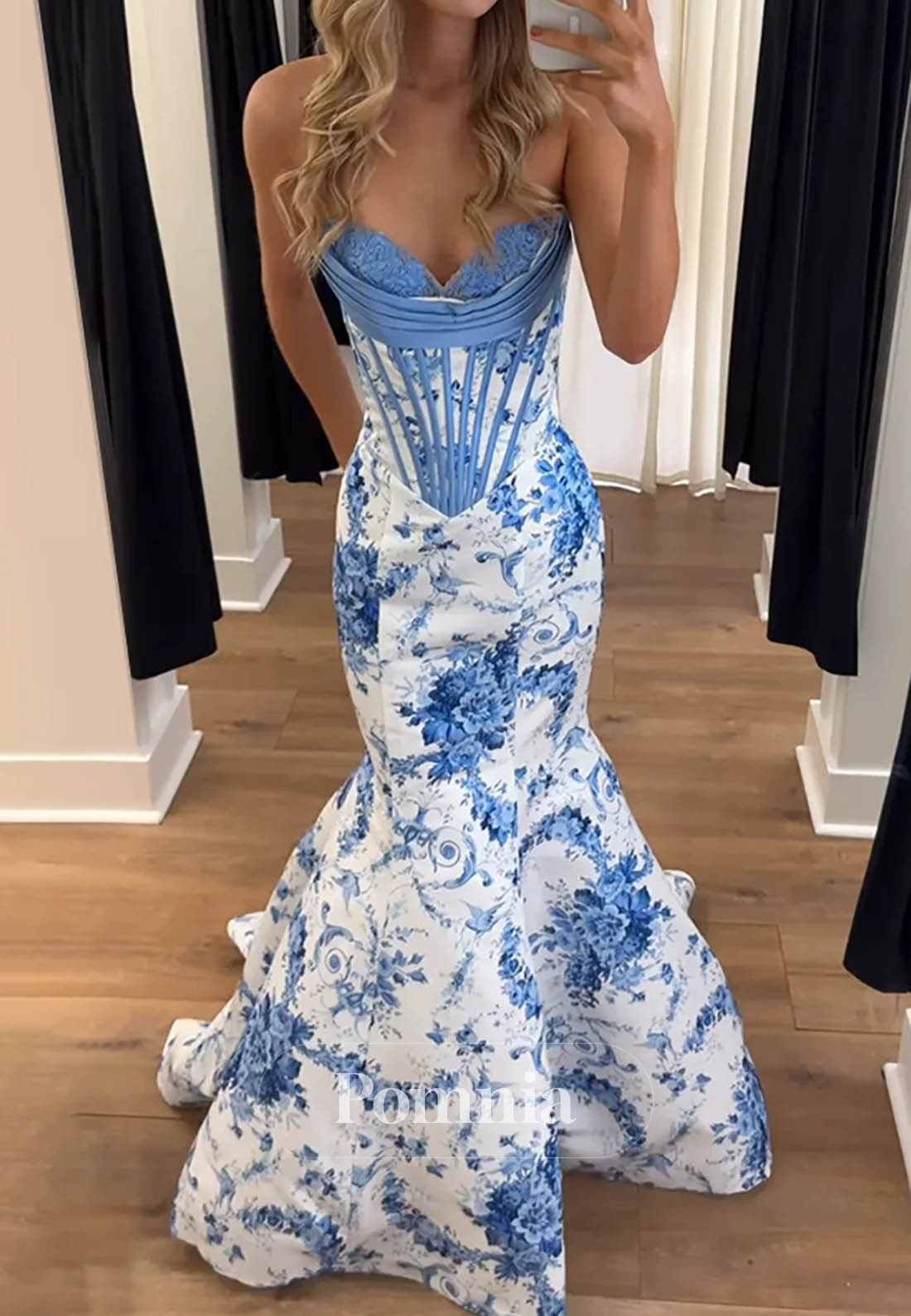 White and Blue Floral Mermaid Strapless Corset Long Prom Dress