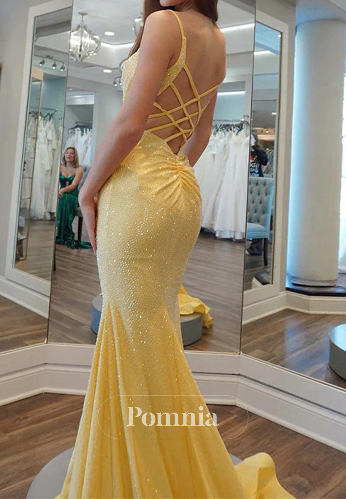 Yellow Mermaid Spaghetti Straps Open Back Beaded Long Prom Dress