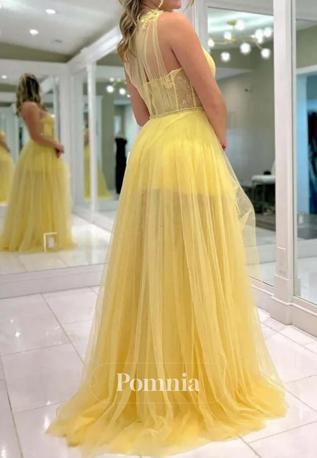 Yellow One Shoulder Tulle Long Prom Homecoming Dress with Flowers