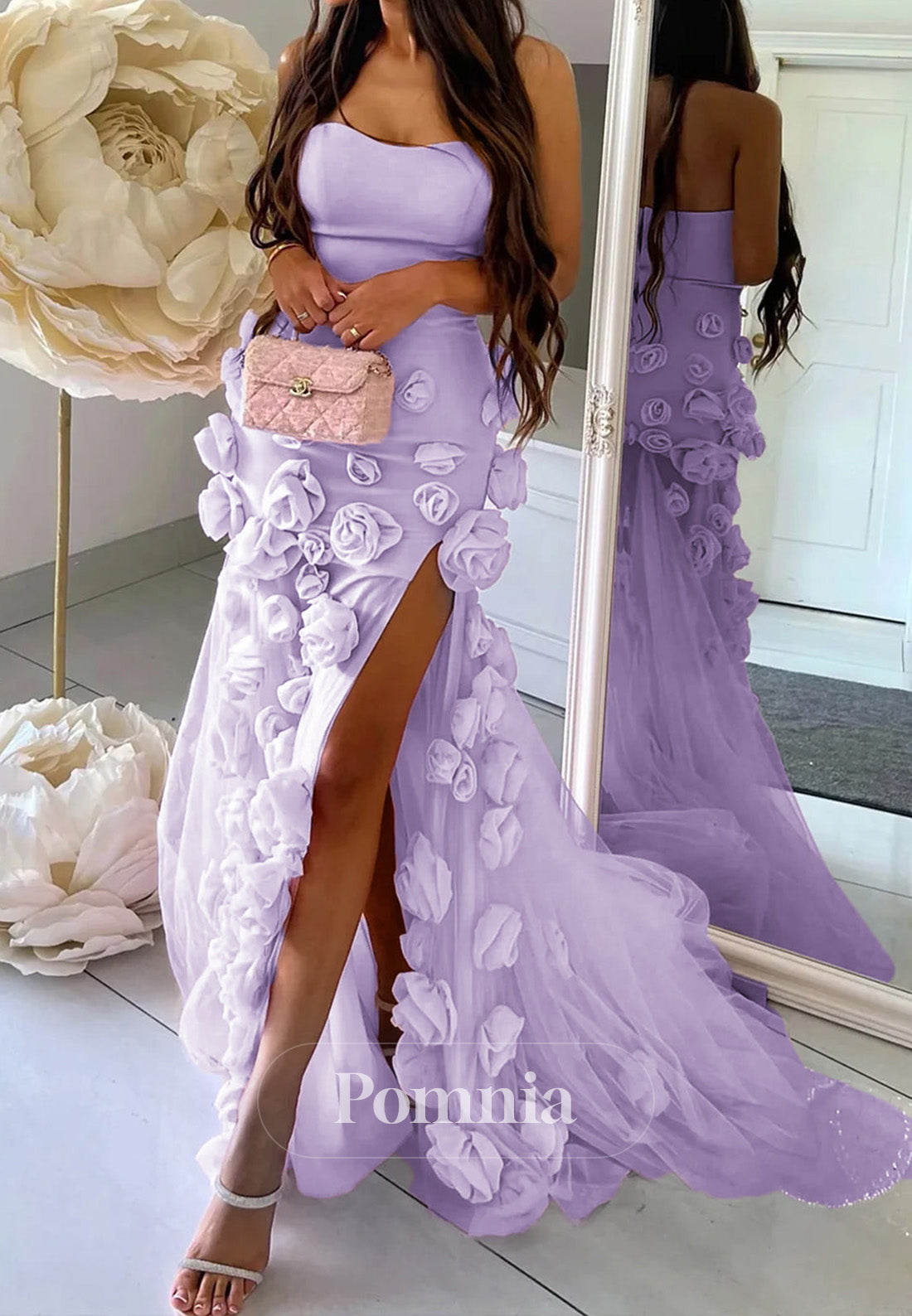 A-Line Sexy Sweetheart Sleeveless Pink Slit Flowers Prom Dress
