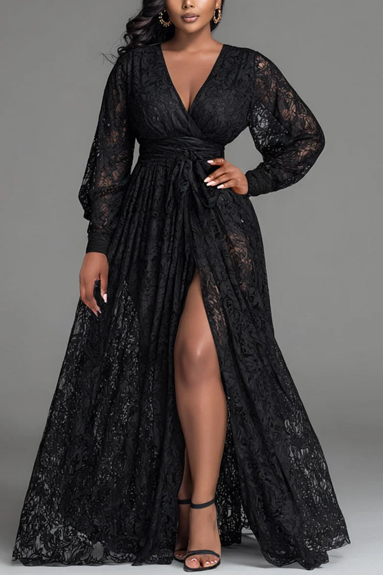 Black V Neck Long Sleeve Split Elegant See Through Lace Maxi Dresses