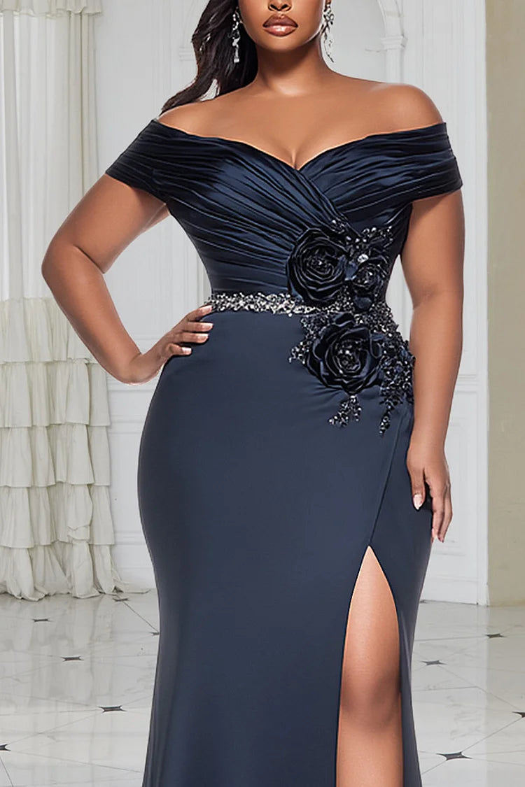 Formal Navy Blue Off The Shoulder Split Elegant 3D Satin Maxi Dress