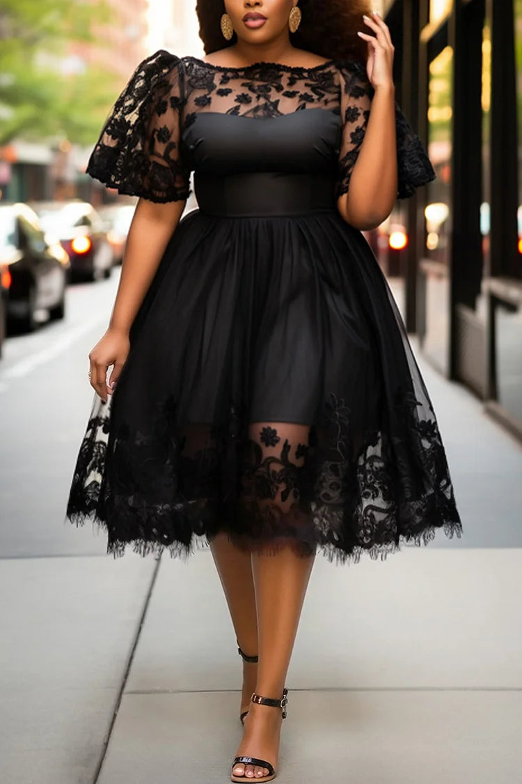 Party Black Boat Neck See Through Elegant Lace Tulle Midi Dresses