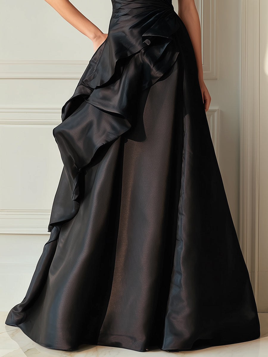 Black One-Shoulder Sculpted Ruffle Gown