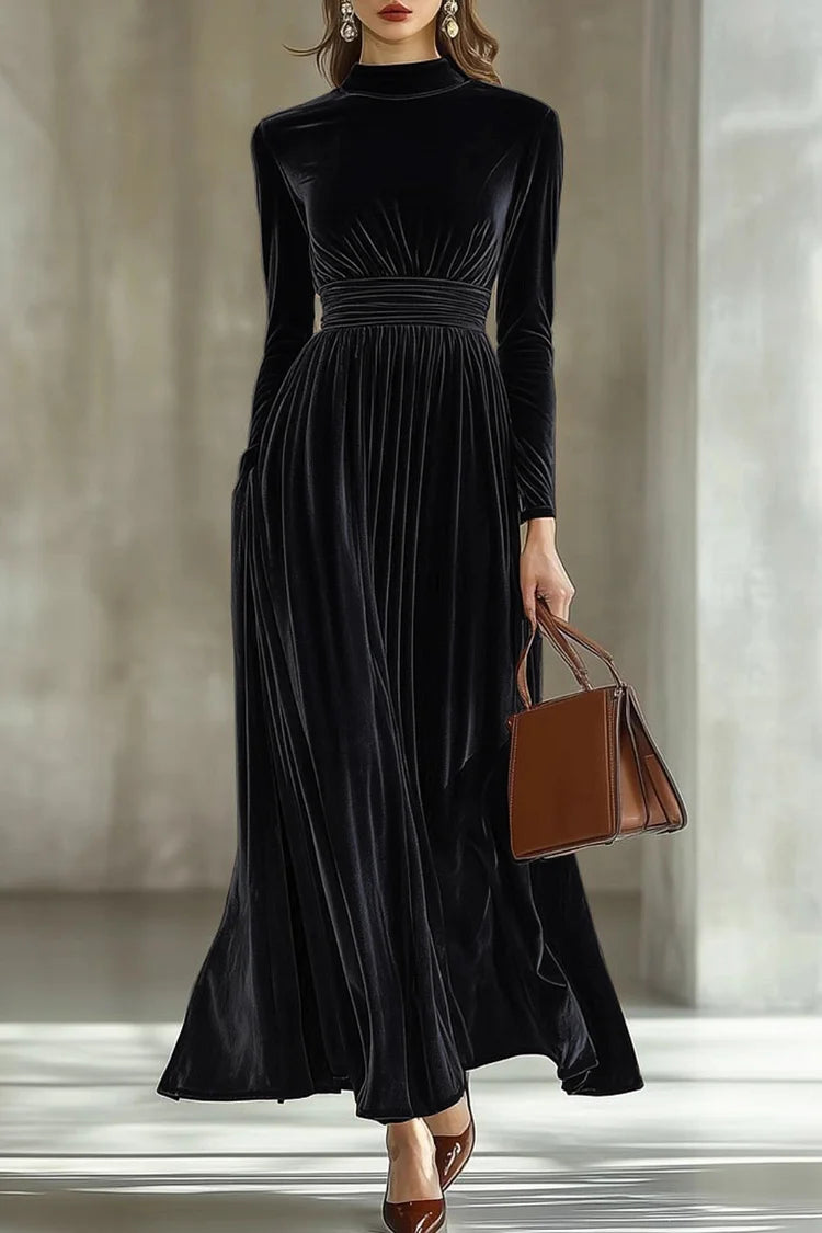 Plain Mock Neck Cinch Waist Long Sleeve Velvet Maxi Dresses