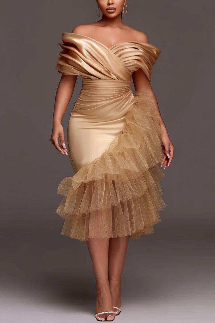 Champagne Off The Shoulder Ruffle Elegant Contrast Satin Midi Dress