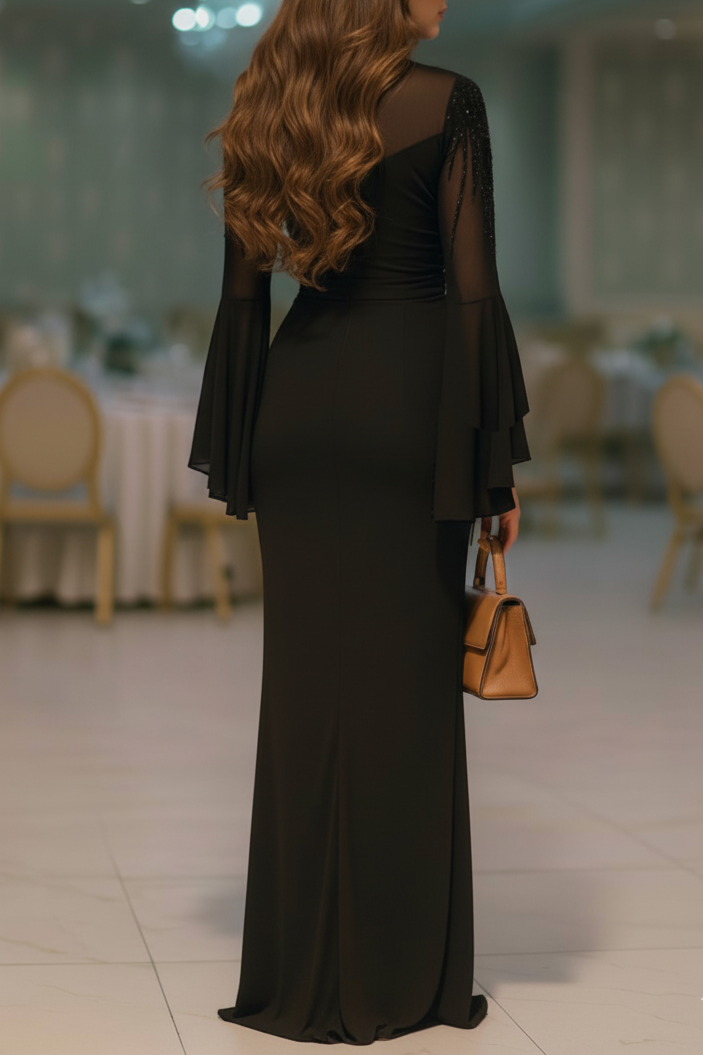 Sequin Embroidery Flare Sleeve Ruched Party Maxi Dress