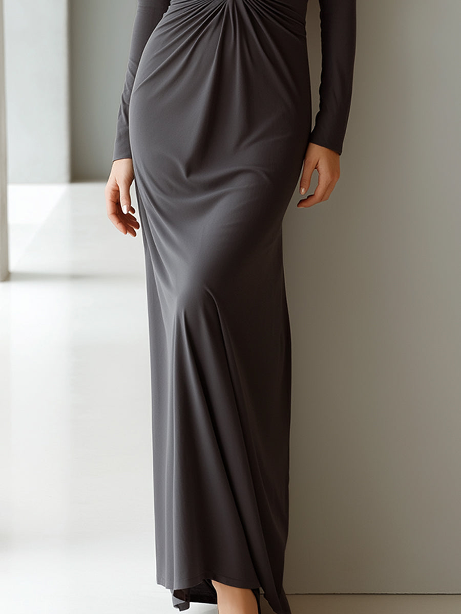 Dramatic V-Neck Charcoal Gray Maxi Dress With Ruching Detail