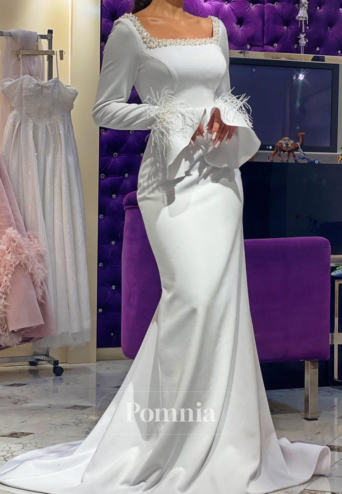 White Long Sleeves Square Feathers Mermaid Wedding Dress