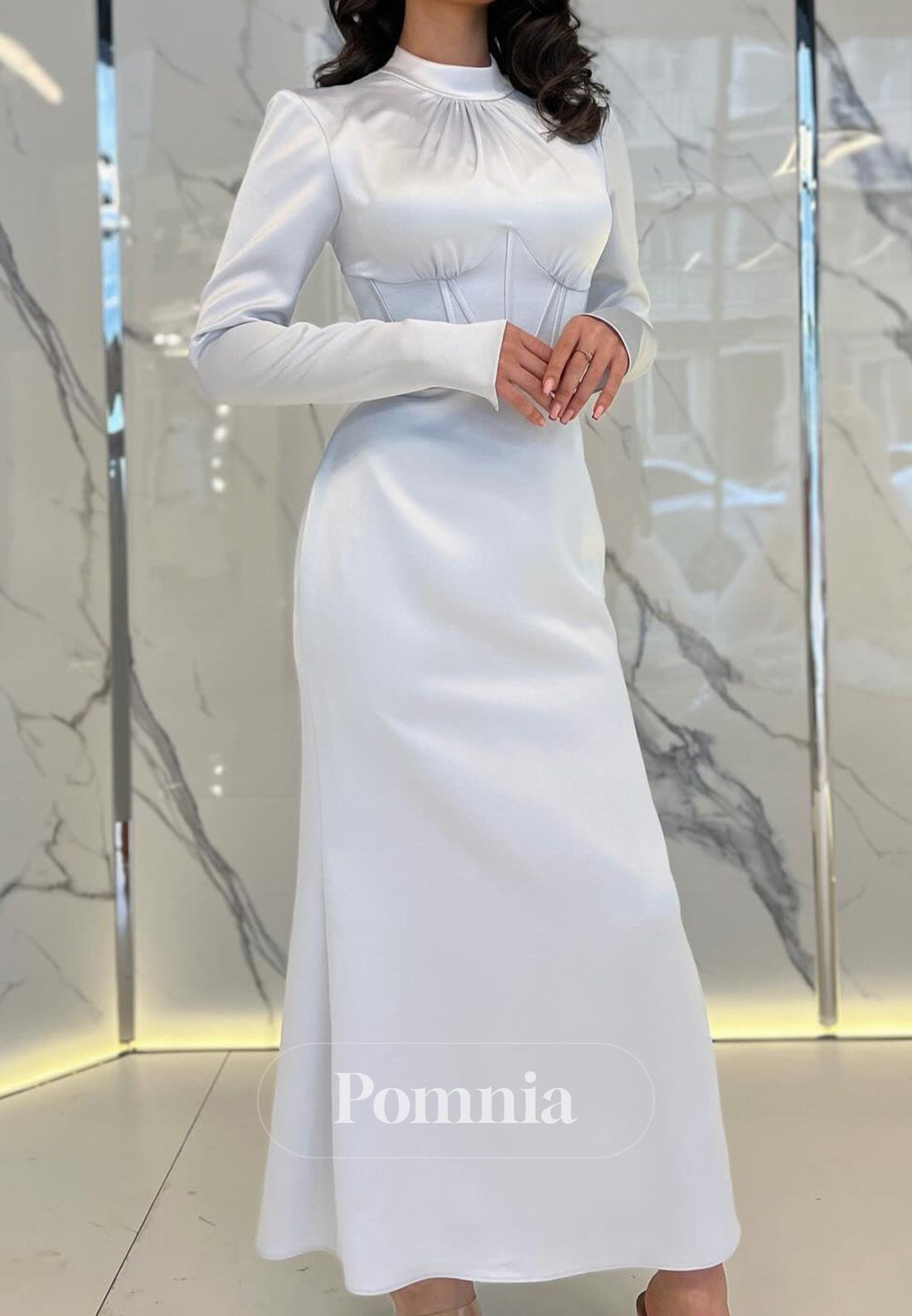 White Long Sleeves High Neck Ruched Semi-Formal Dress