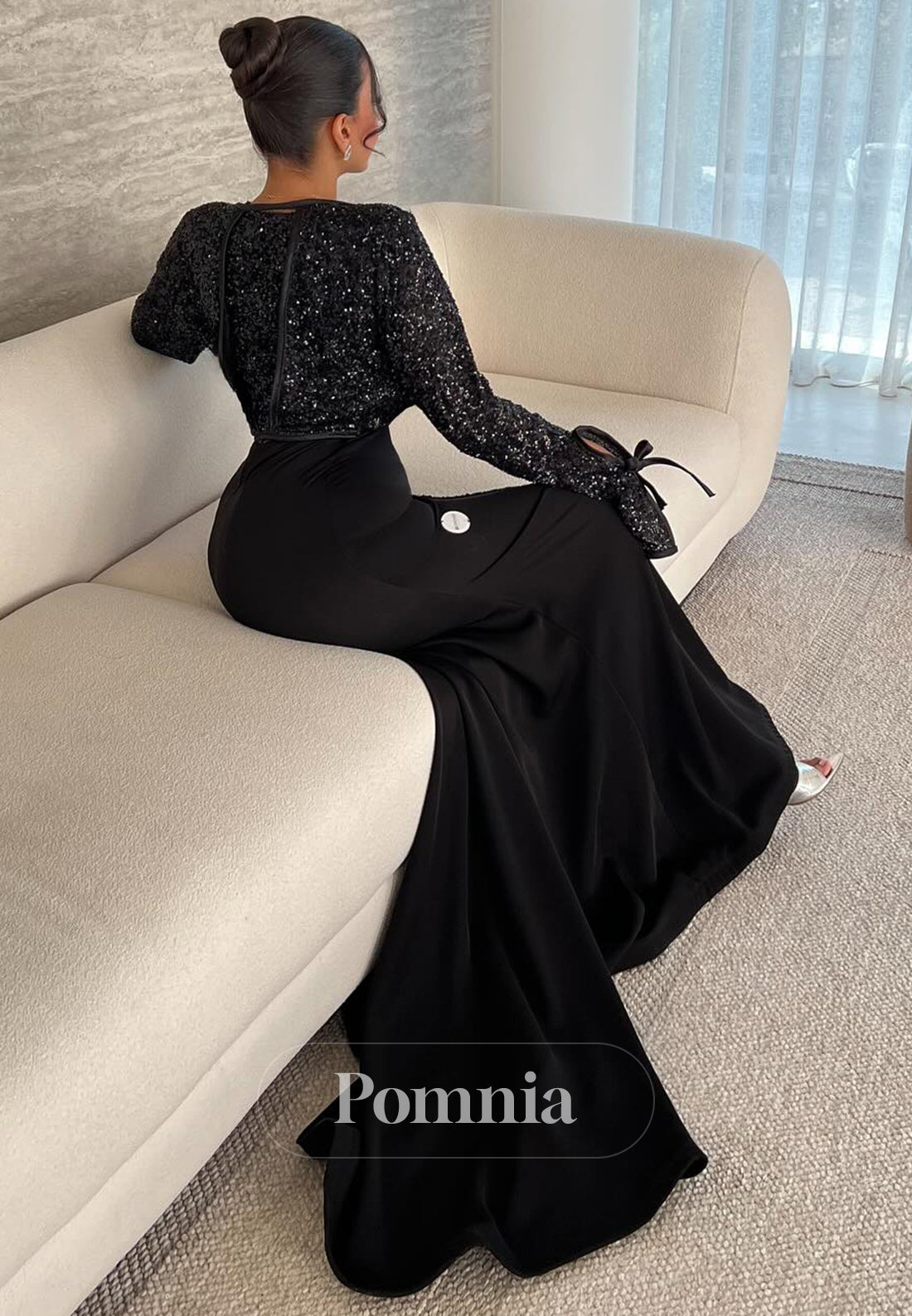 Black Long Sleeves V-Neck Sequins Corset Mermaid Evening Dress