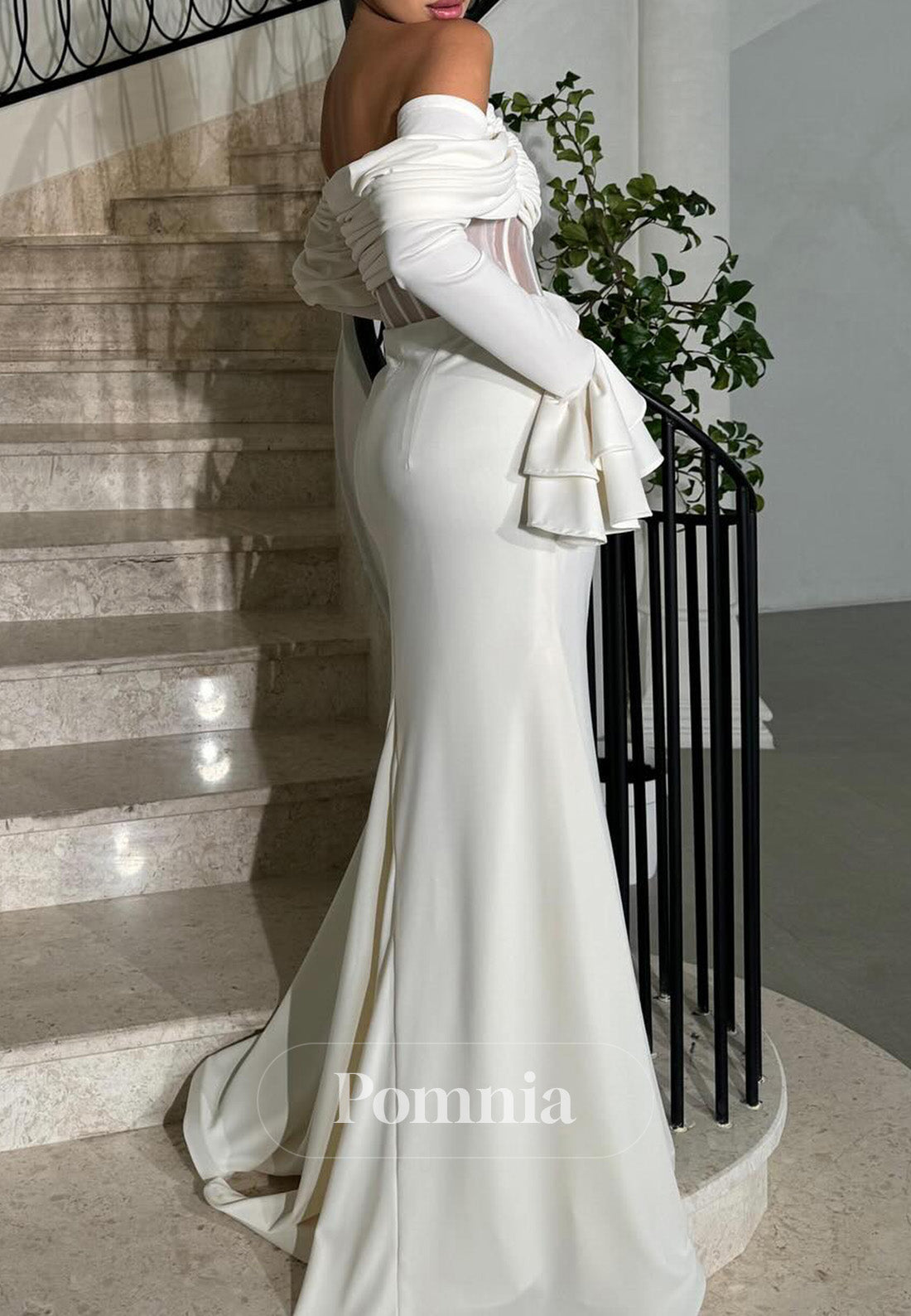 White Long Sleeves Off-Shoulder Corset Tulle Prom Dress