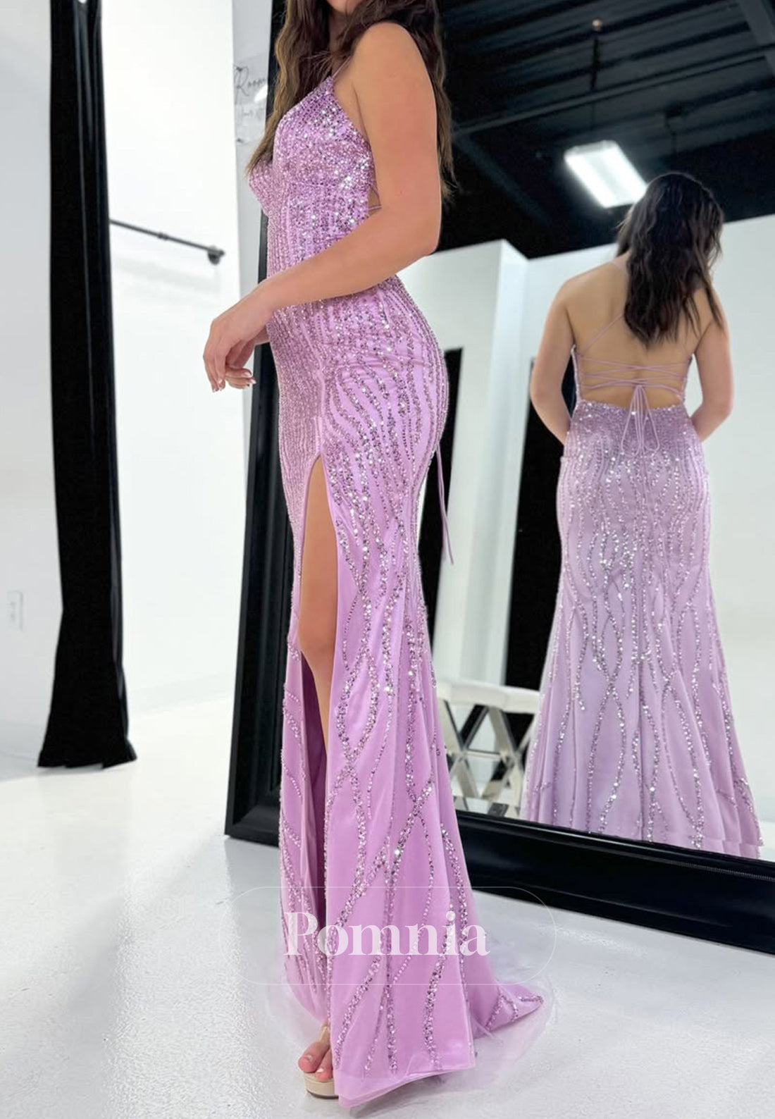 Lilac Sheath Spaghetti Staps V-Neck Prom Dress with Slit Sequins Evening Dress