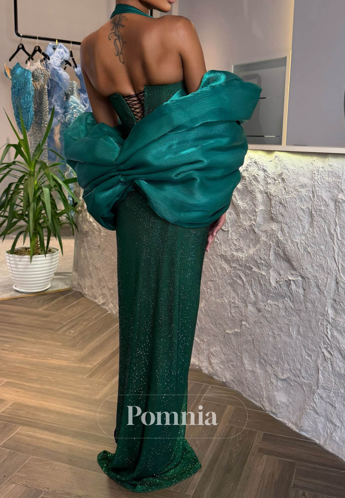 Dark Green Spaghetti Straps Slit Sequins Prom Dress