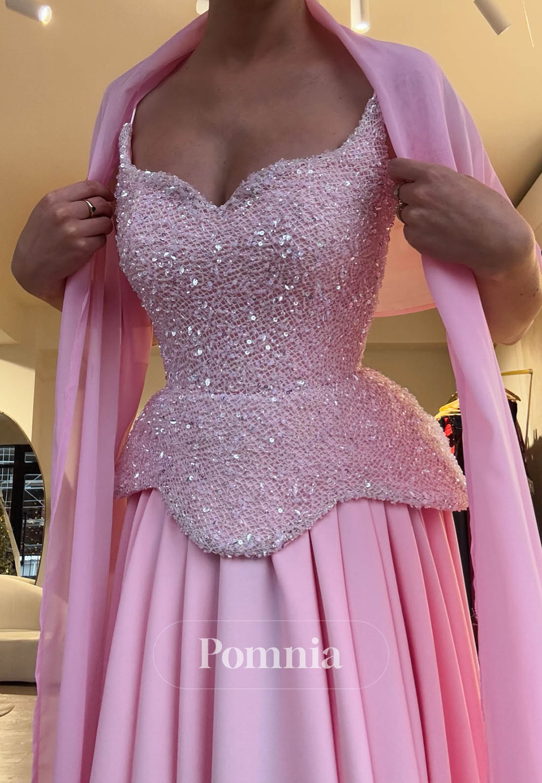 Blushing Pink Sleeveless Strapless Sequins Sequins Prom Dress