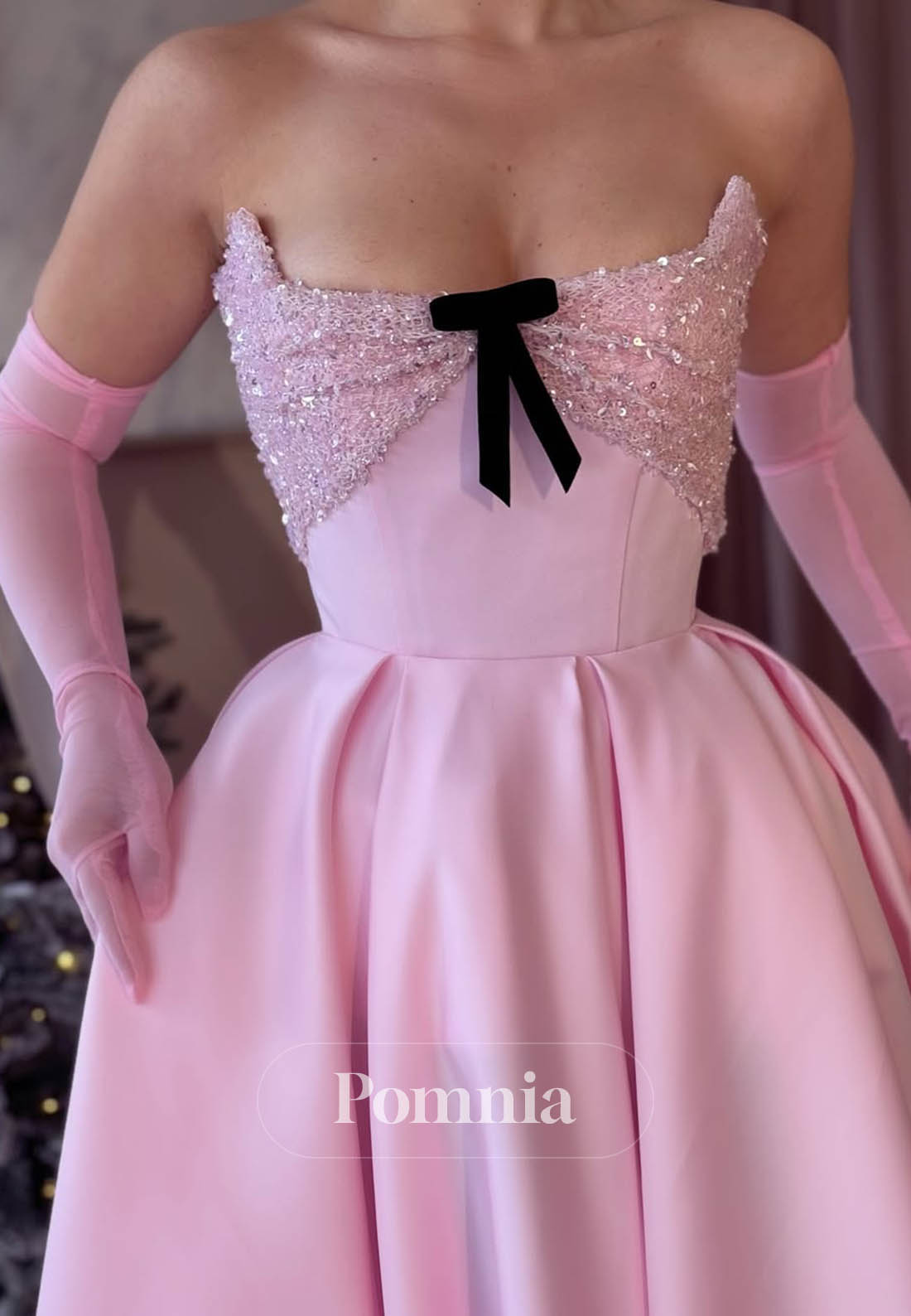 Blushing Pink Sleevelss Strapless Cape Empire-Waist Prom Dress