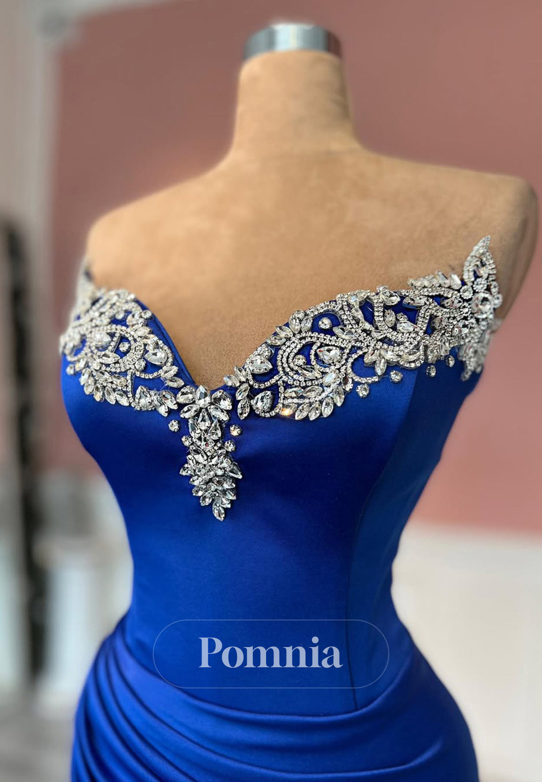 Royal Blue Sleeveless Strapless Prom Dress with Beads Slit Evening Party Dress