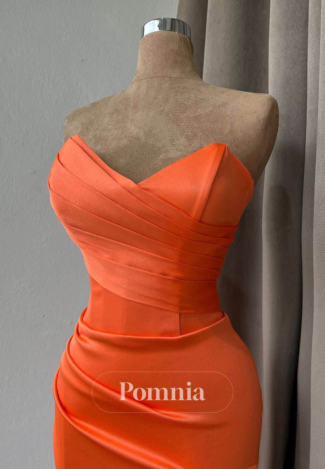 Papaya Sleeveless Strapless Prom Dress with Slit Ruched Evening Party Dress