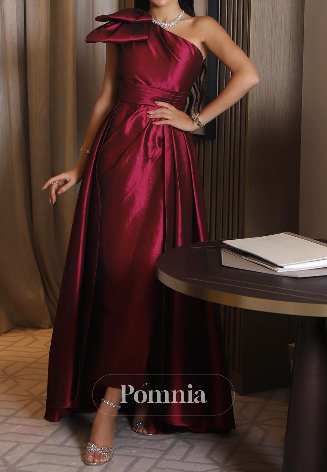 Mulberry One Shoulder Bowknot Empire-Waist Evening Dress