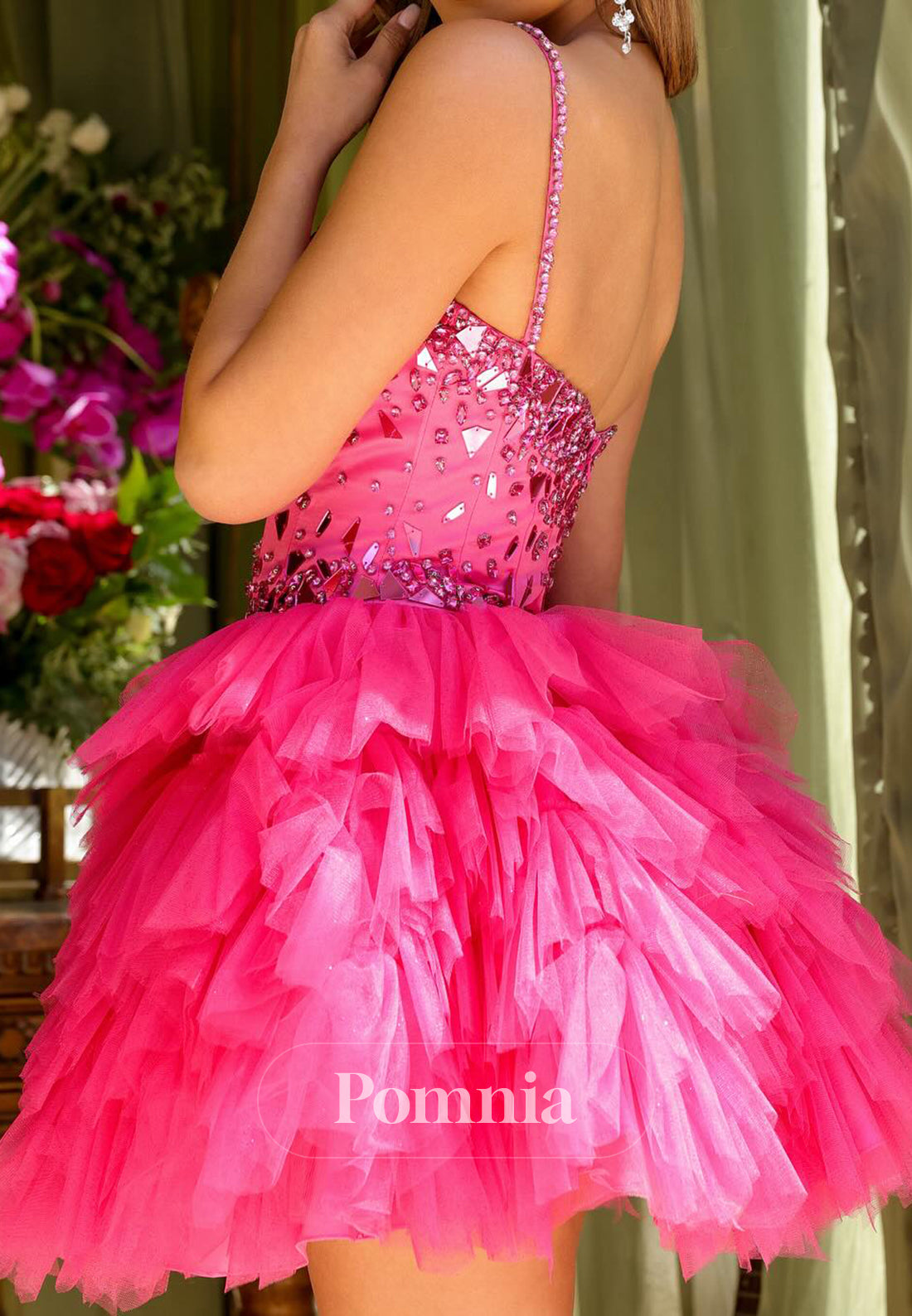A-Line Spaghetti Straps Square Appliques Sequins Homecoming Dress