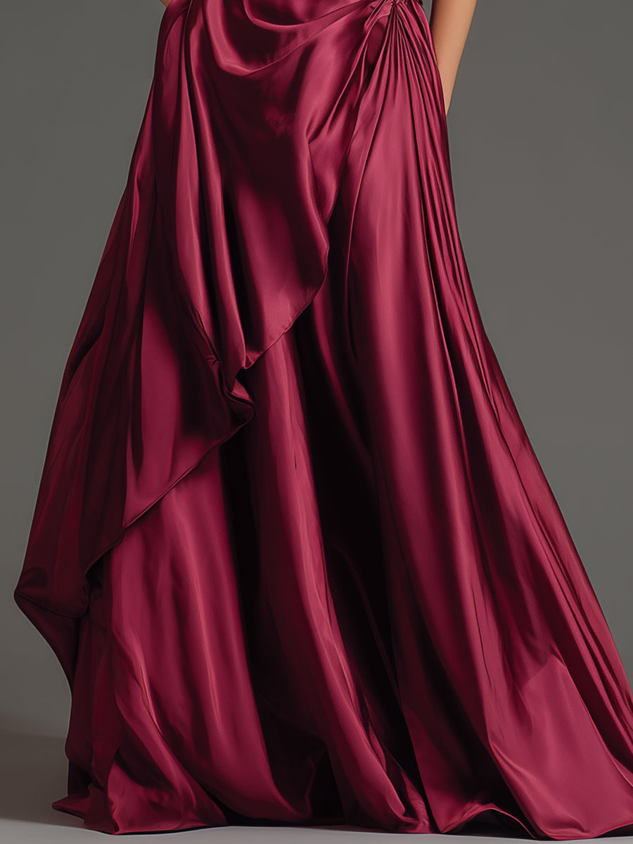 Burgundy One-Shoulder Floral Draped Couture Gown