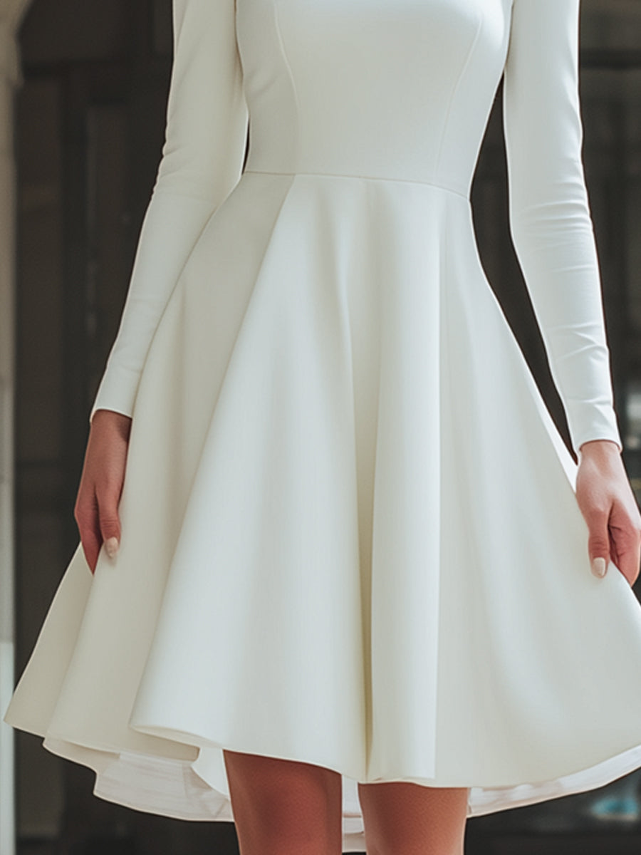 White Long-Sleeve A-Line Flared Midi Dress