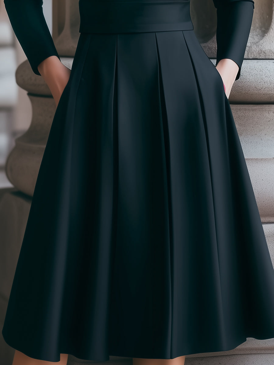 Elegant V-Neck Pleated Long Sleeves Dress