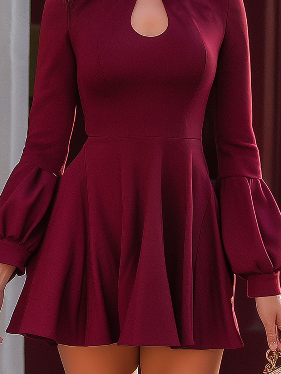 Mooyius Wine Red Keyhole Long-Sleeve Fit & Flare Mini Dress