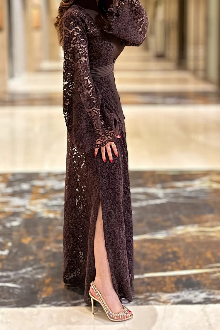 Water Soluble Lace Slit Abaya Strapless Maxi Dresses 2pcs Set