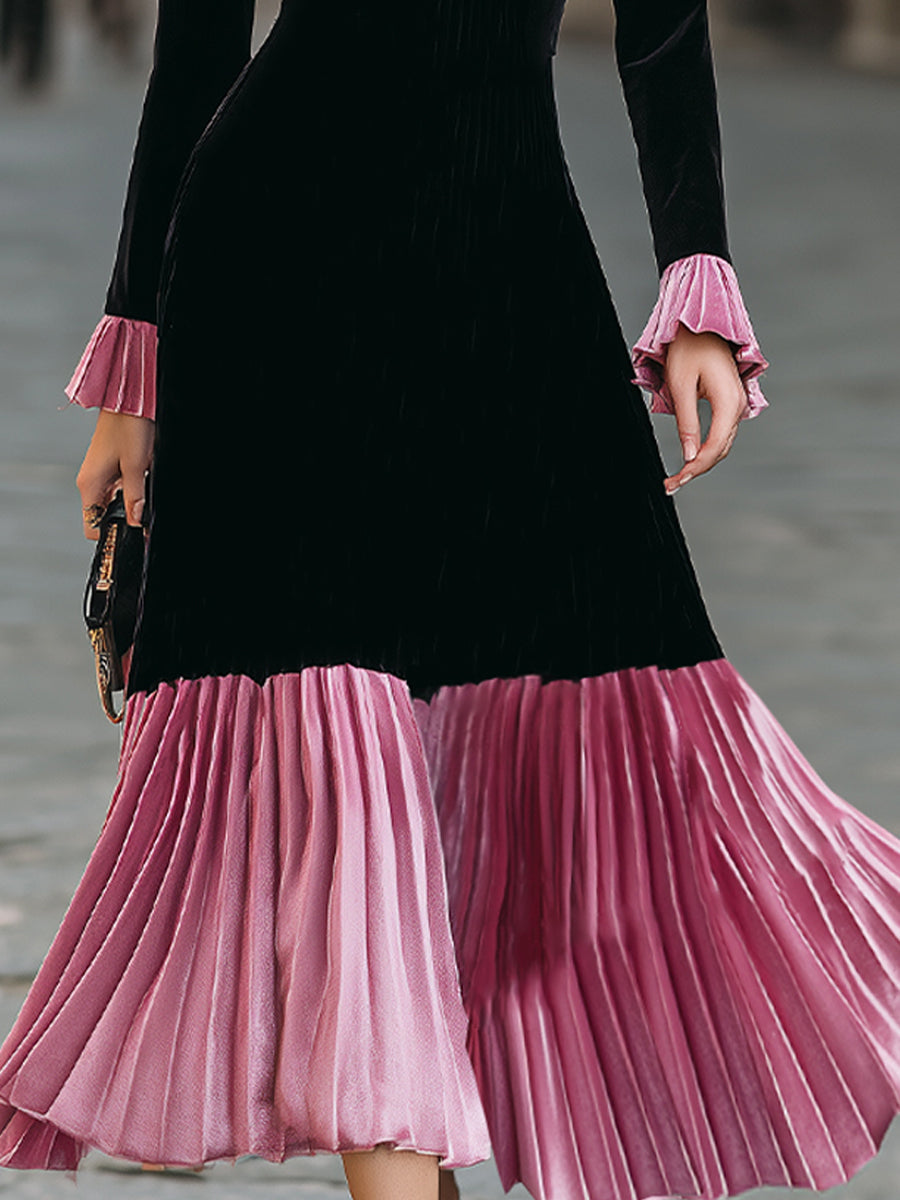 Elegant Black And Pink Velvet Pleated Midi Dress