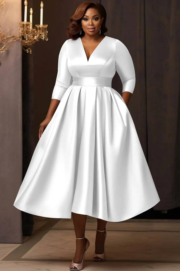 Pink V Neck 3/4 Sleeve Pocket Satin Midi Dresses