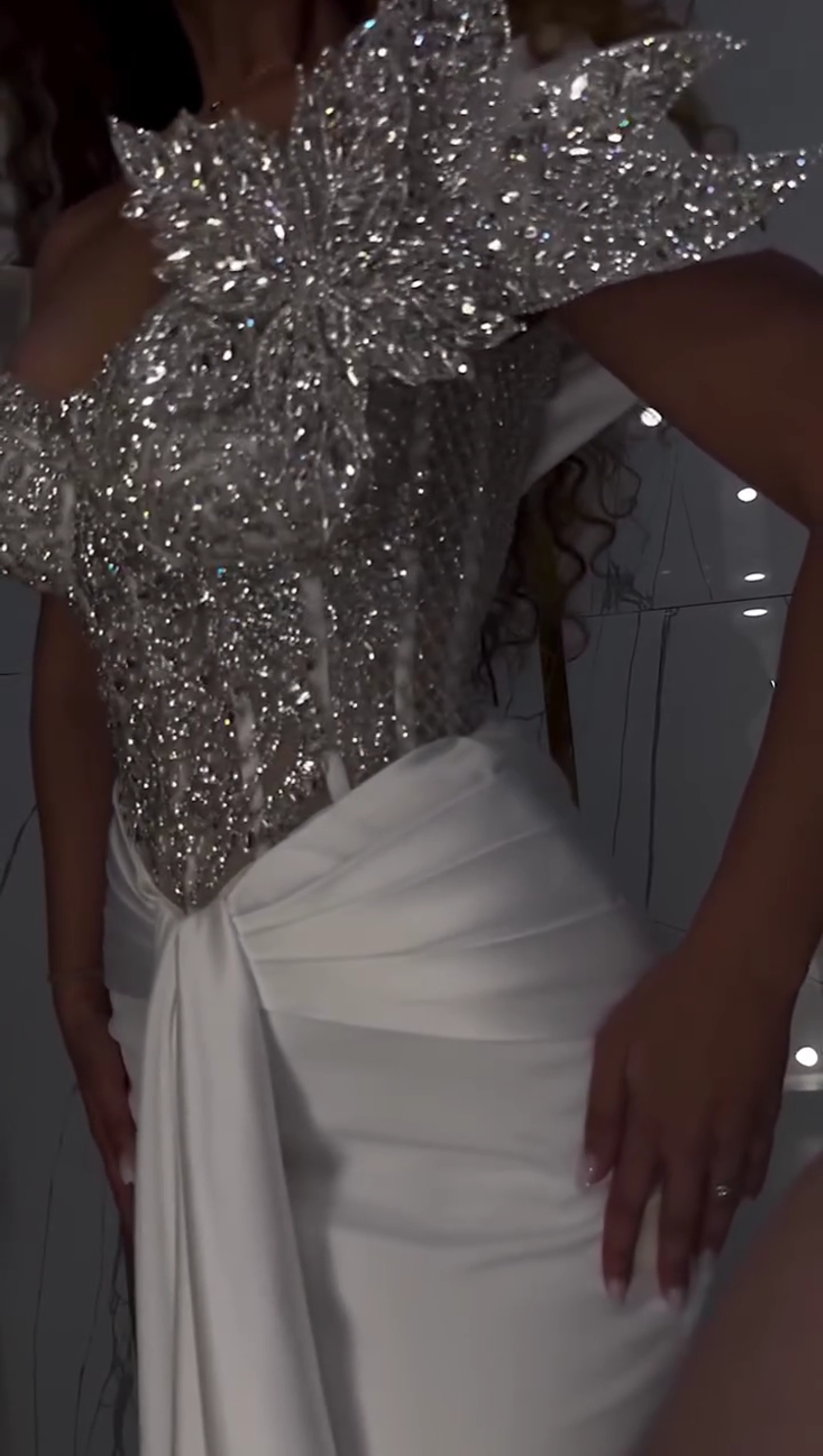 Off Shoulder Beaded Sheath Satin Bridal Gowns