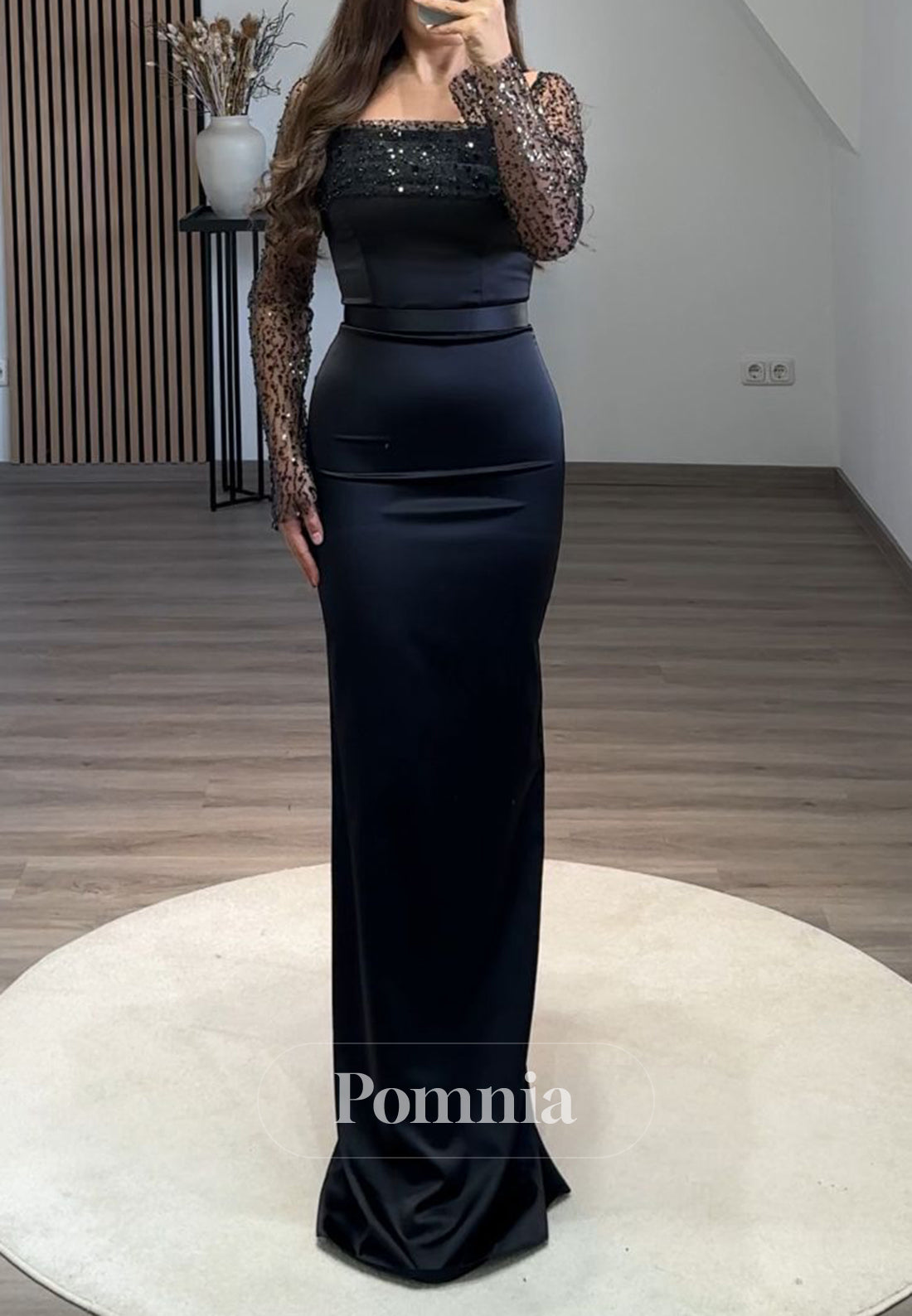 Long Sleeves Scoop Ruched Evening Party Dress with Detachable Train