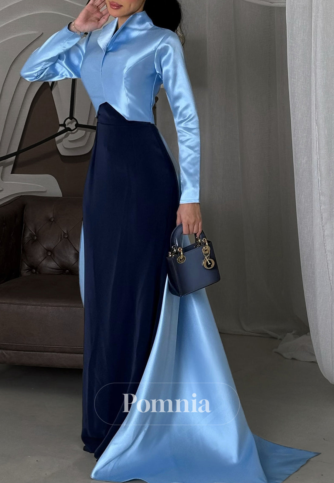 Elegant Long Sleeves Suit Collar Empire-Waist Evening Dress