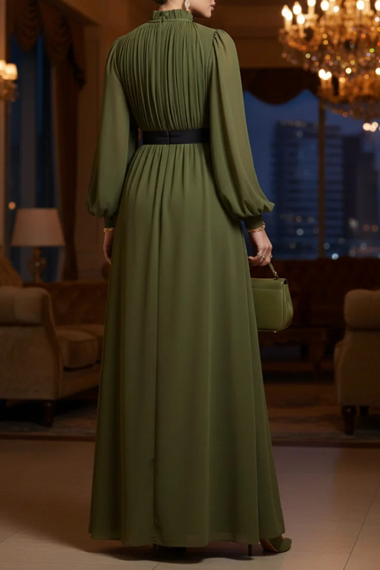 Pleated Mock Neck Puff Sleeve Solid Color Party Maxi Dress