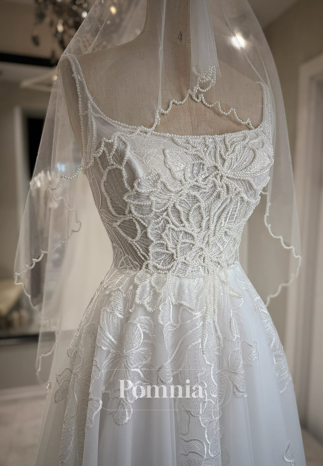 Charming A-Line Spaghetti Straps Square Pearls Satin Wedding Dress