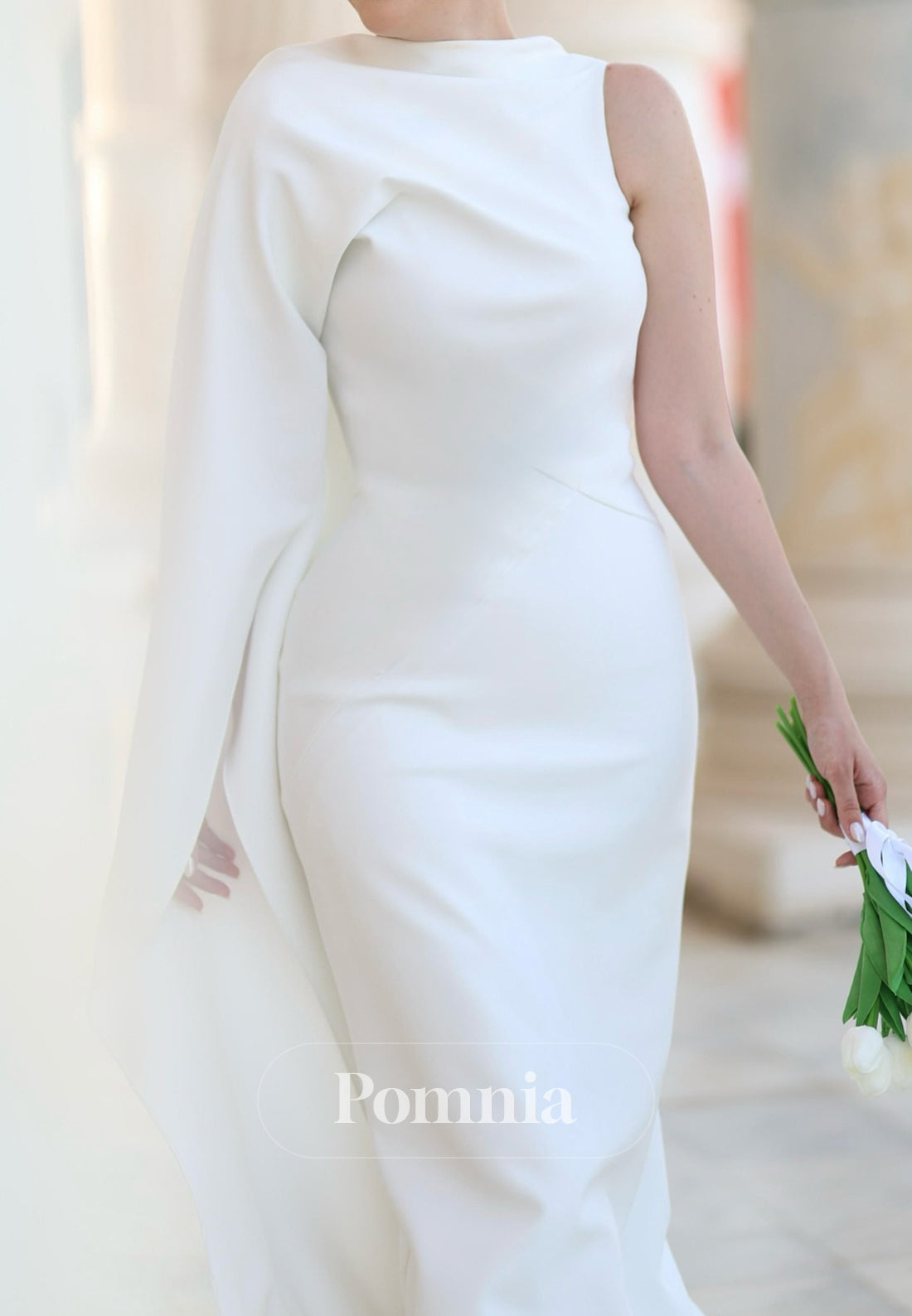 Simple One Shoulder Cap Sleeves A-Line Wedding Dress