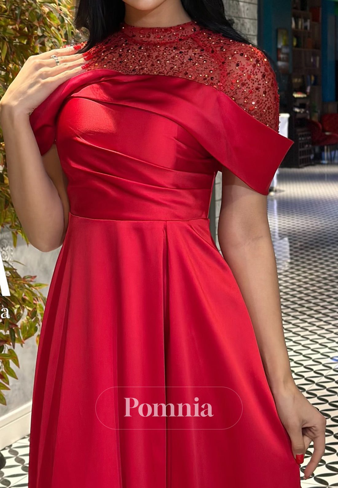 High Neck Short Sleeves Empire-Waist Evening Dress