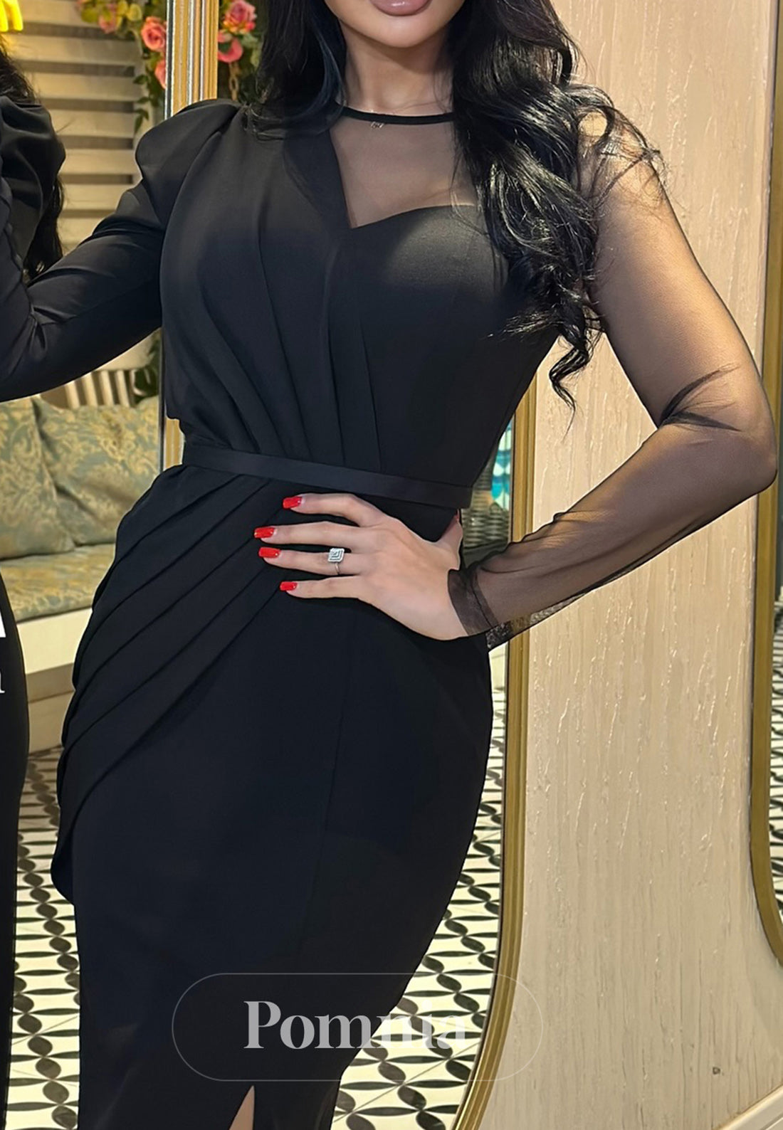 Long Sleeves Scoop Empire-Waist Slit Evening Dress