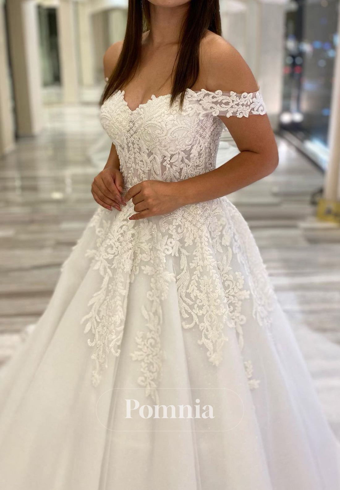 A-Line Off-Shoulder Corset Court Train Lace Wedding Dress