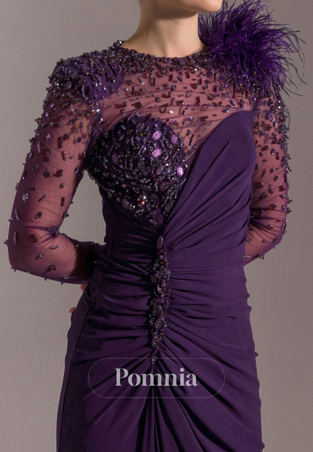 A-Line Long Sleeves Scoop Feathers Sequins Evening Dress