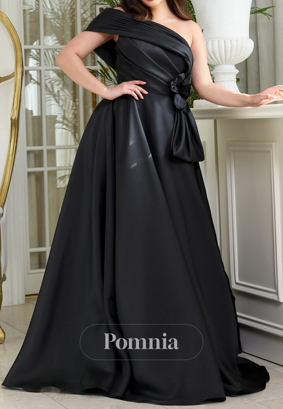 Black One Shoulder A-Line Empire-Waist Ruched Evening Dress