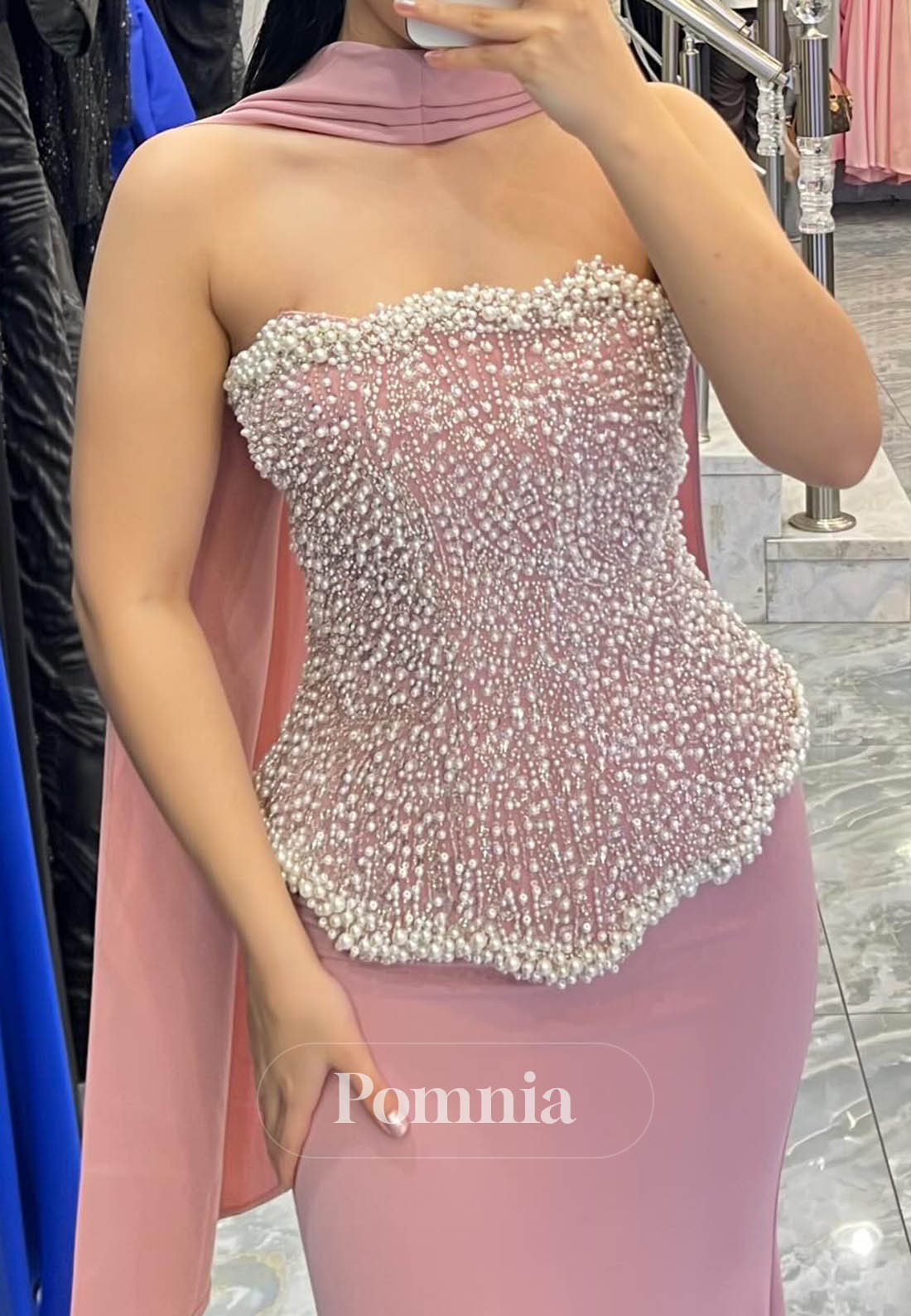 Blushing Pink Sleeveless Strapless Pearls A-Line Prom Dress