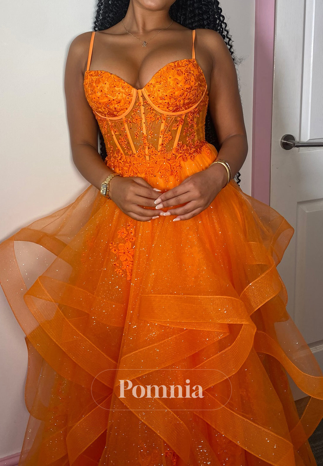 Papaya Spaghetti Straps Sweetheart Corset Tulle Prom Dress