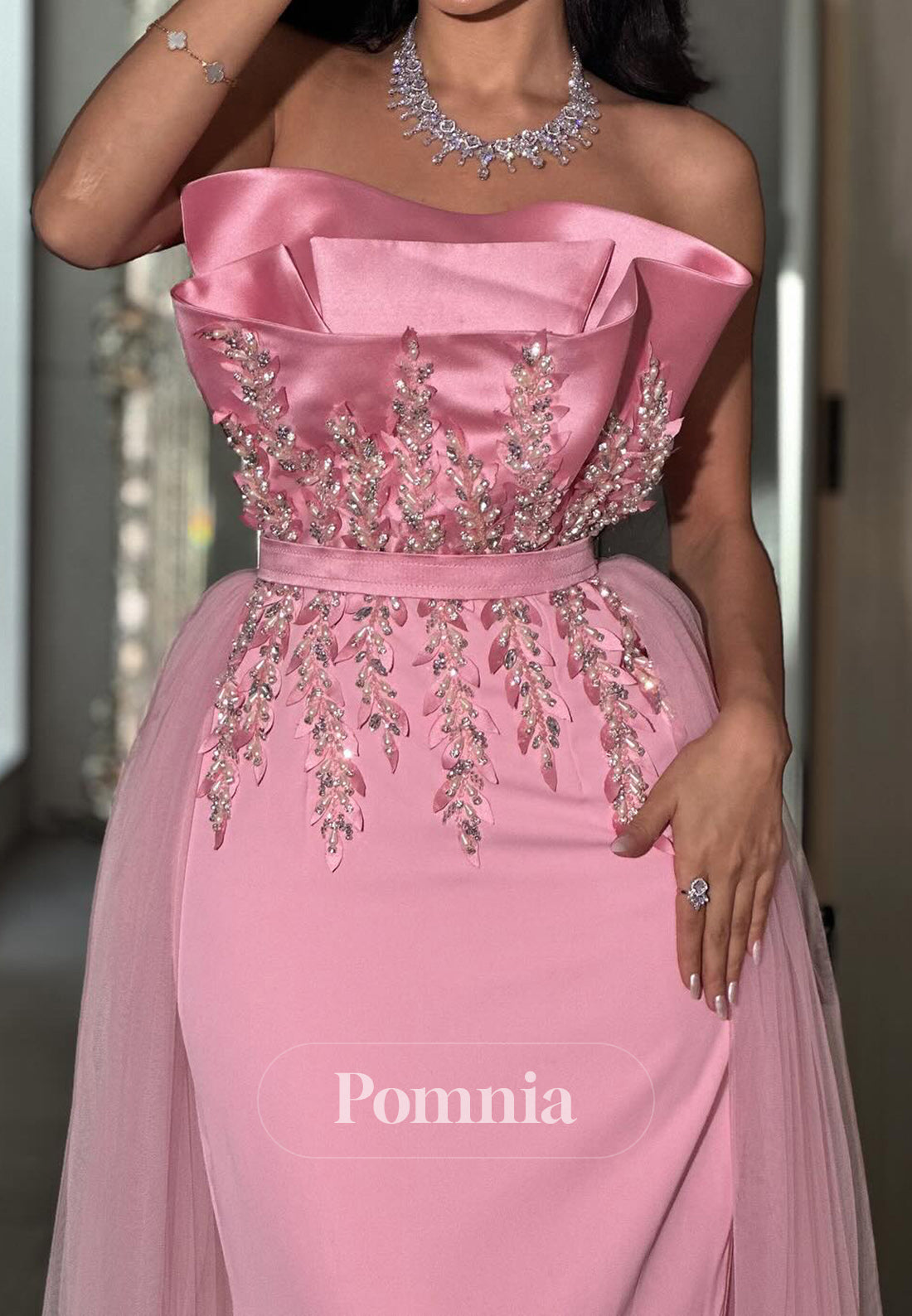 Blushing Pink Strapless Sleeveless Empire-Waist Evening Dress